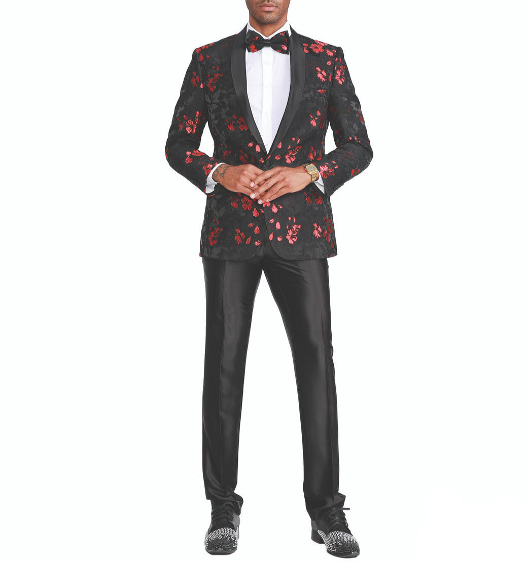 Black Slim Fit Blazer Floral Pattern Red Satin Shawl Collar
