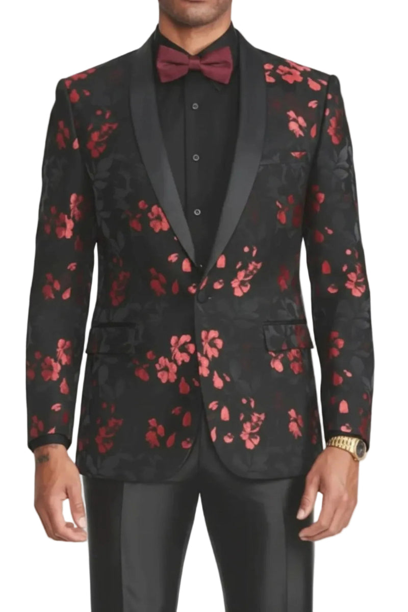 Black slim fit men's floral blazer with red satin shawl collar