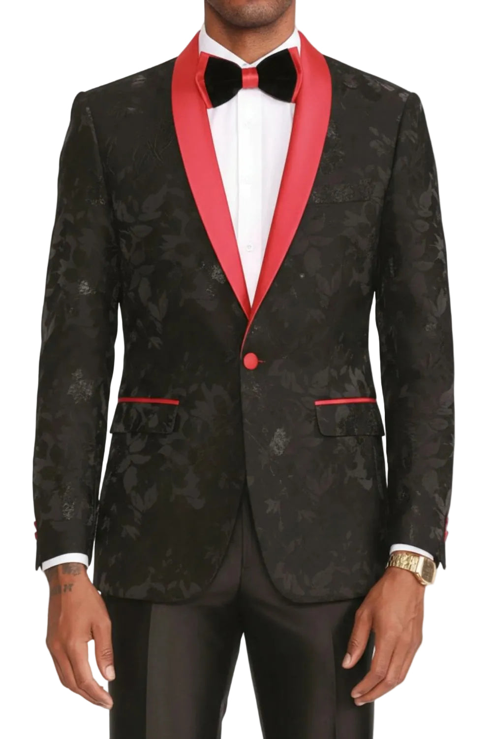 Black Slim Fit Blazer Floral Pattern Red Satin Shawl Collar