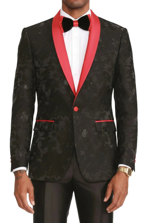 Black slim fit men's floral blazer with red satin shawl collar