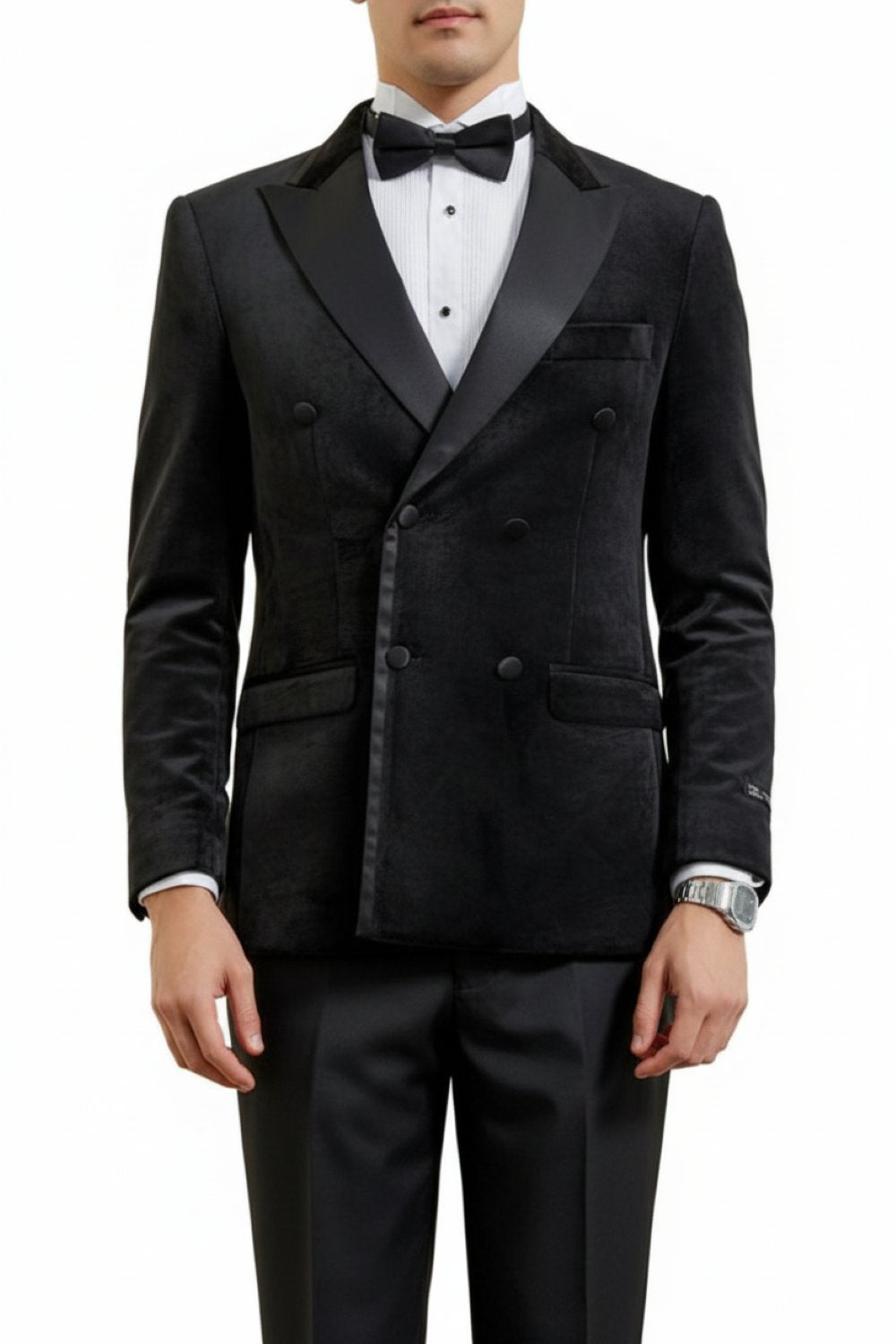 Black tuxedo with a bow tie on a white background