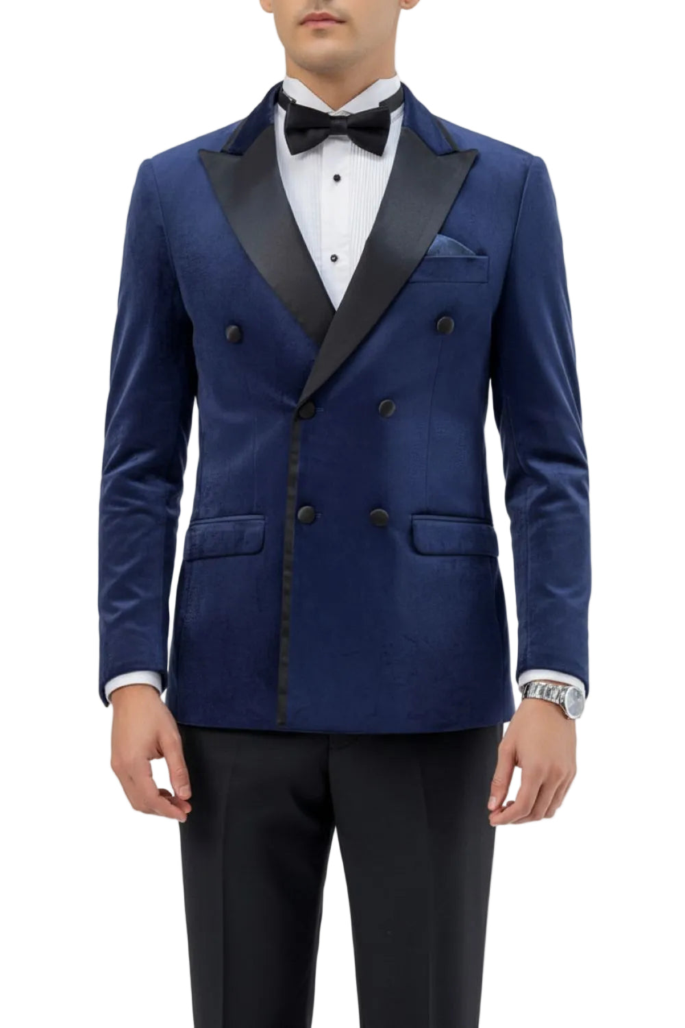 Navy Slim Fit Double Breasted Velvet Jacket