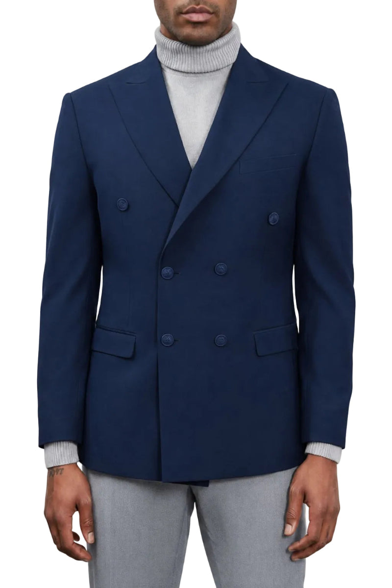 Navy hybrid fit men's double breasted jacket with peak lapel