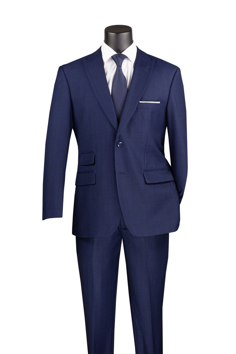 Vue de face du costume Catania bleu homme deux-pièces coupe moderne à motif carreaux fenêtre