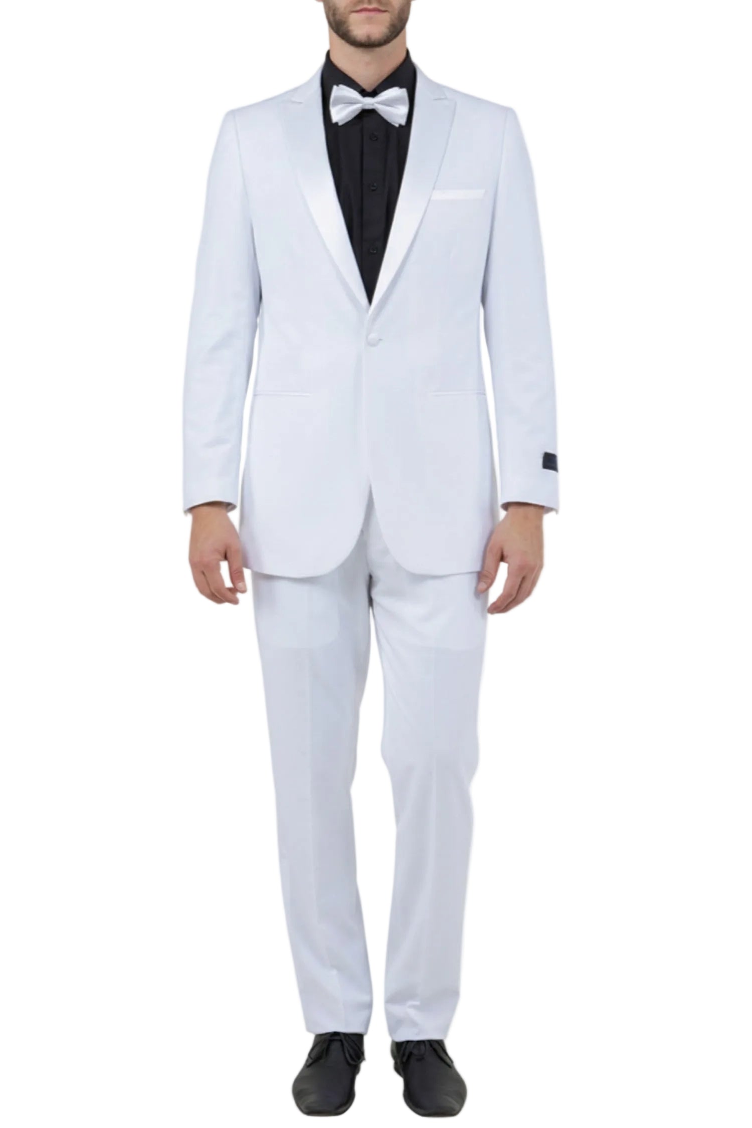 White Slim Fit 2 Piece Tuxedo With White Satin Peak Lapel