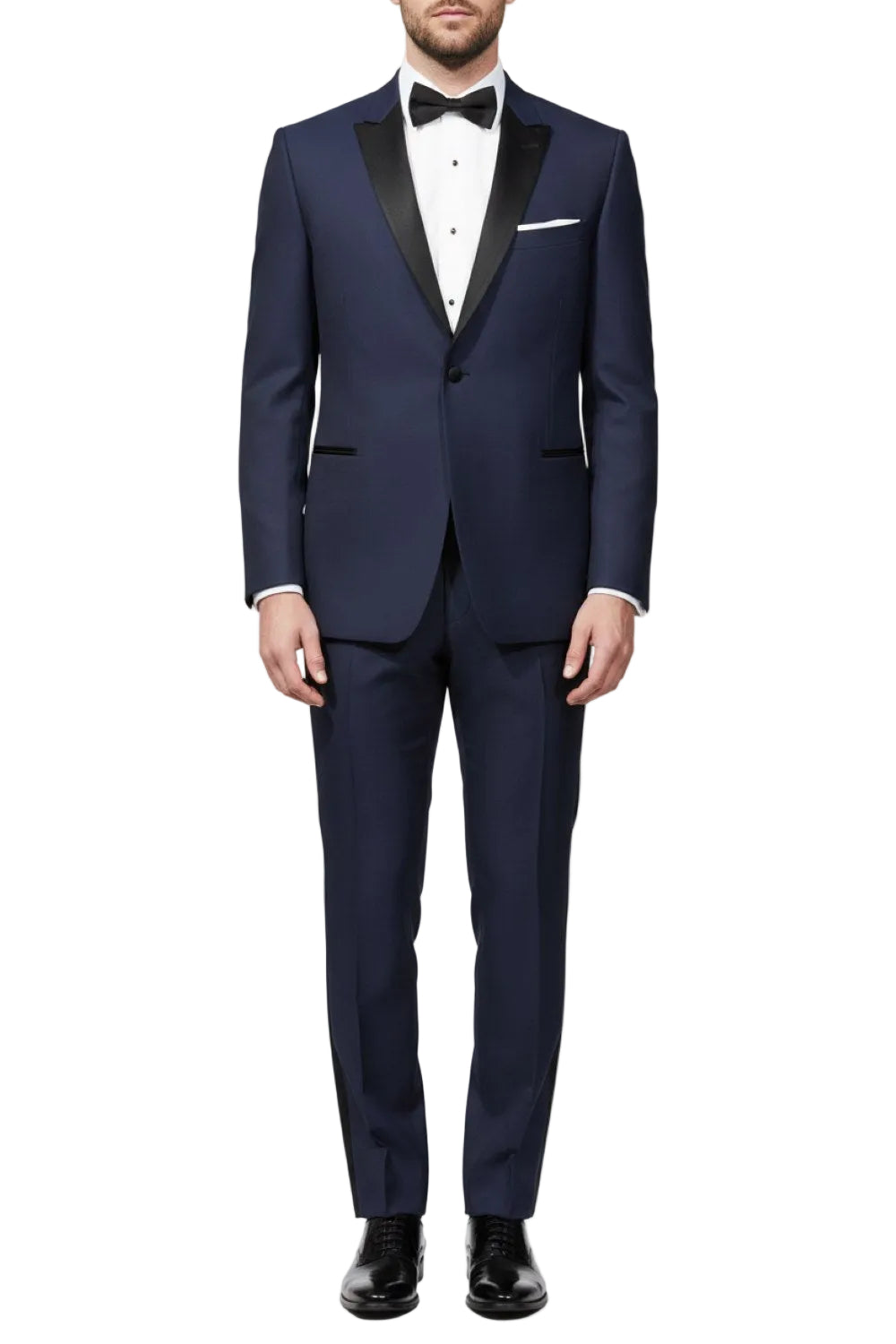 Navy tuxedo with black lapels and bow tie on a white background