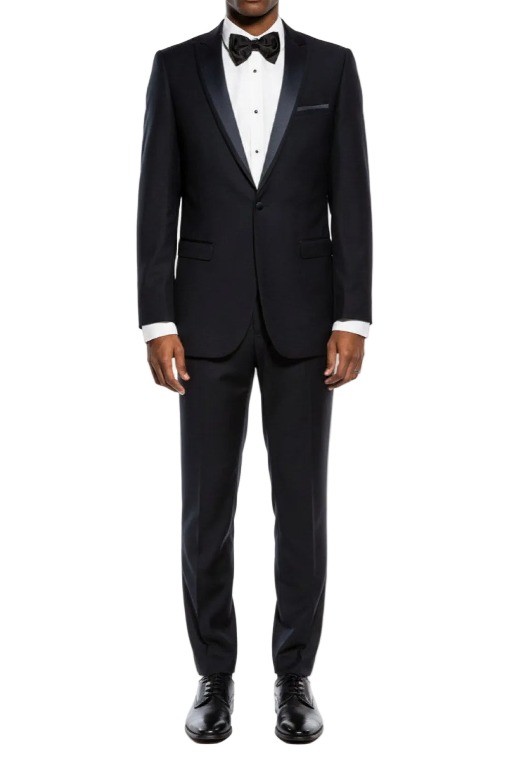 Black tuxedo with a white shirt and black bow tie on a white background