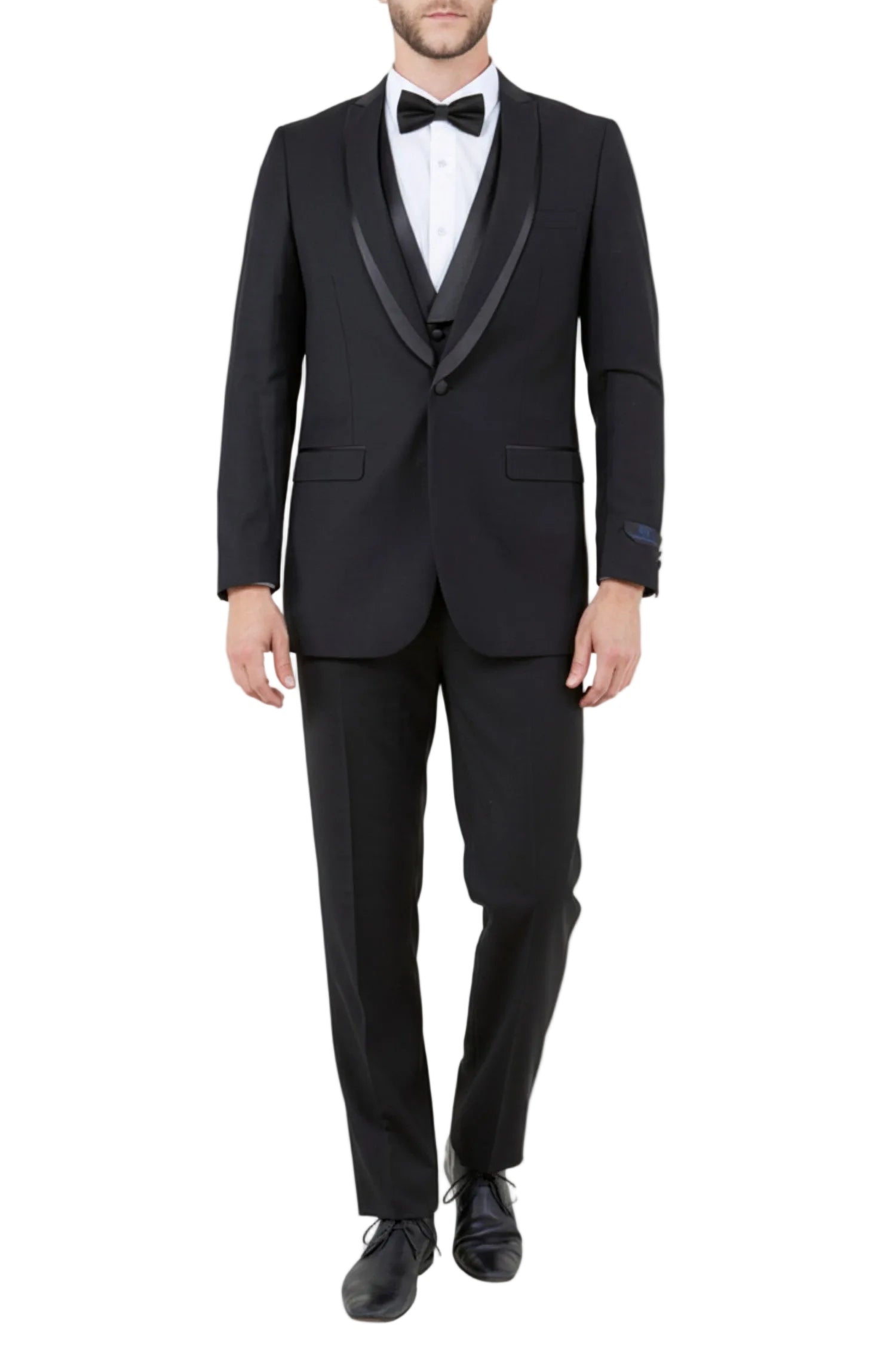 Black Slim Fit Tuxedo 3 Piece with Satin Shawl Collar Vest