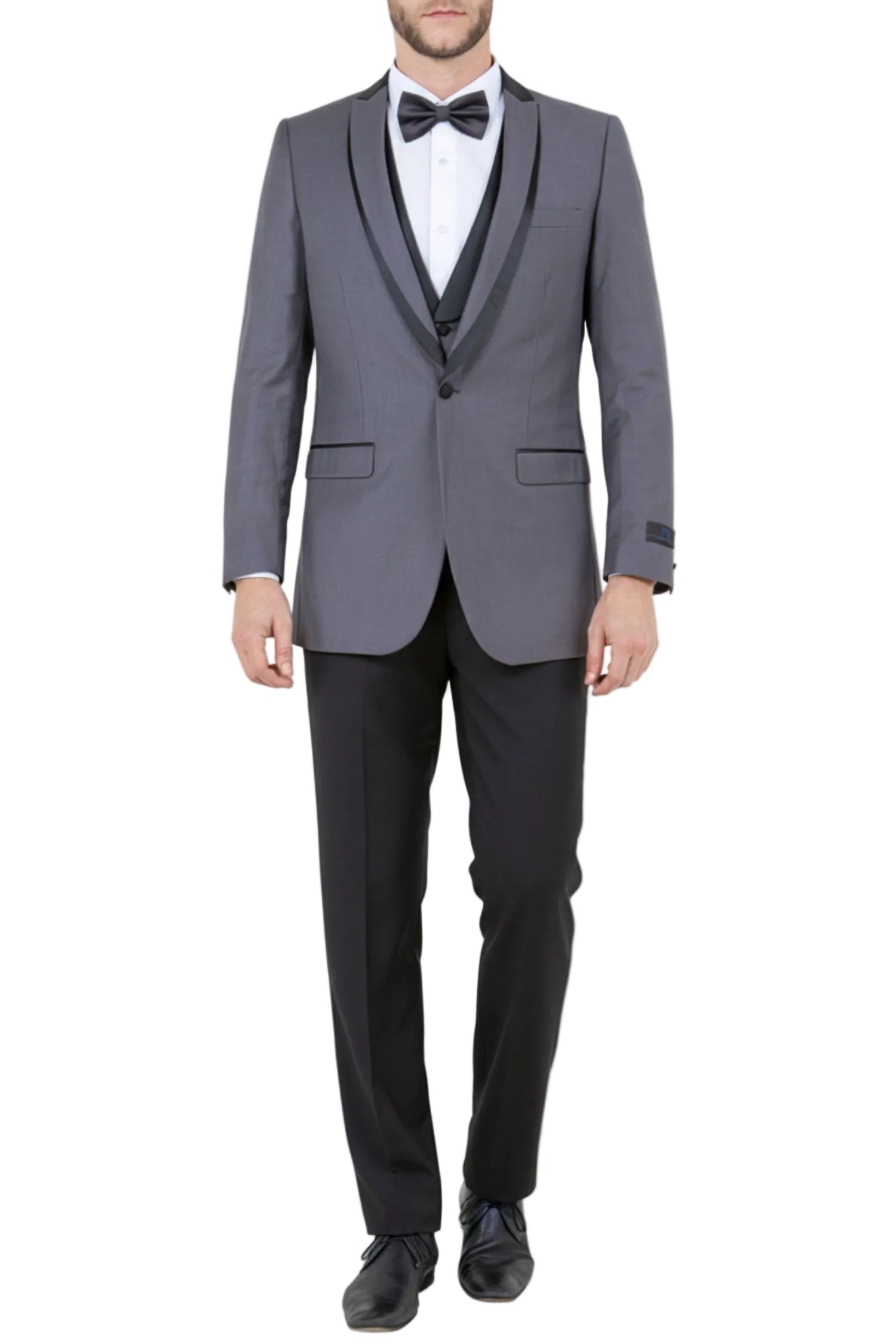 Gray Slim Fit Tuxedo 3 Piece with Satin Shawl Collar Vest