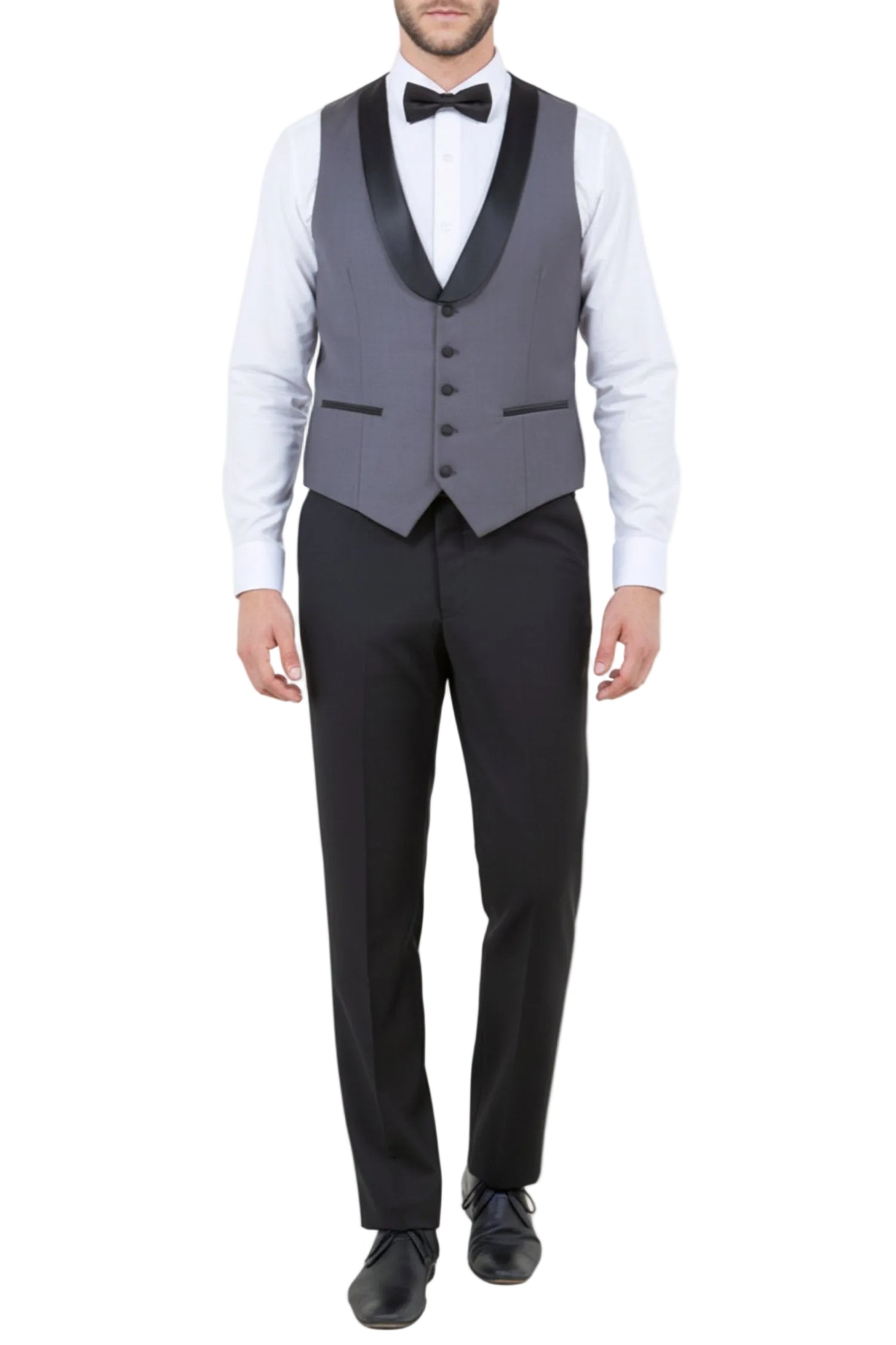 Man wearing a gray vest, white shirt, and black bow tie on a white background