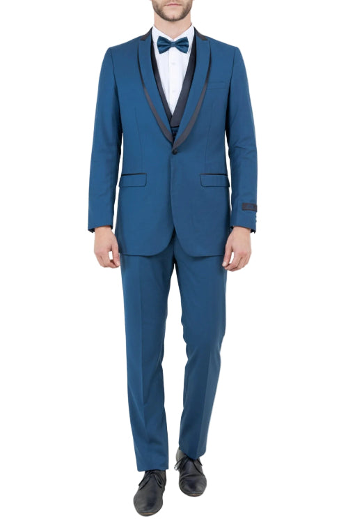 Blue slim fit 3 piece men's tuxedo with satin shawl collar vest