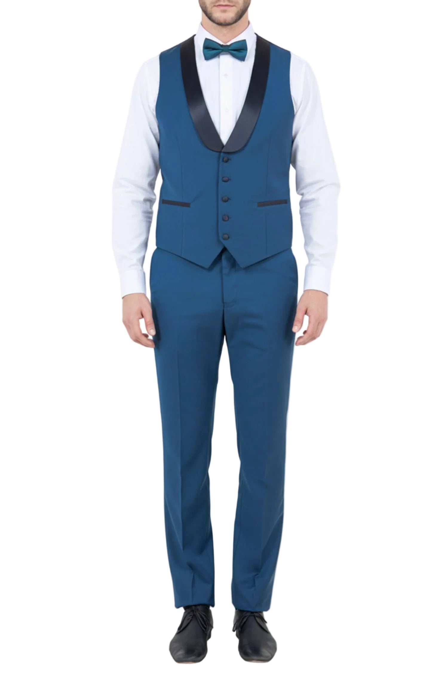 Blue suit with white shirt and black bow tie on a white background