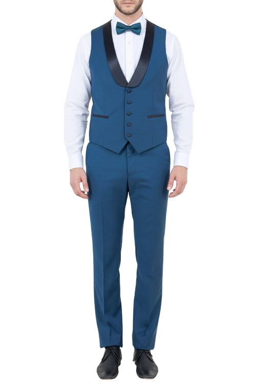 Blue men's slim fit three piece tuxedo with satin shawl collar vest and bow tie