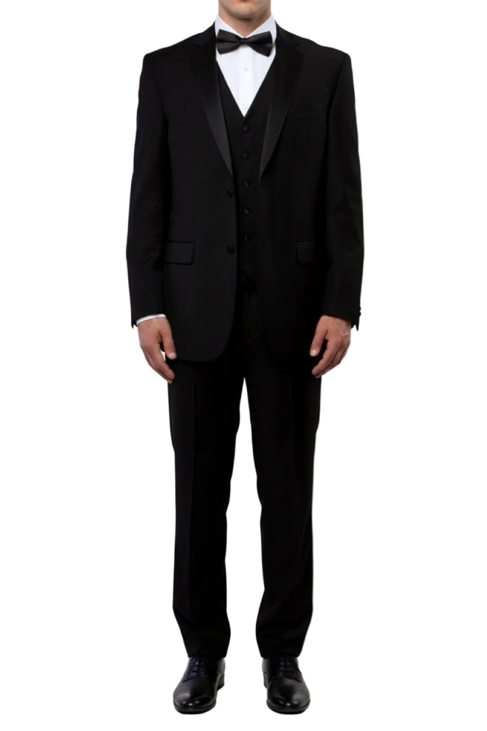 Solid Black Modern Fit Tuxedo 3 Piece with 6 Button Vest