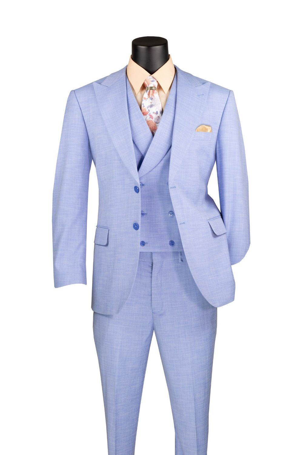 Light Blue Modern Fit 3 Piece Suit with Vest and Adjustable Waist Band Pants
