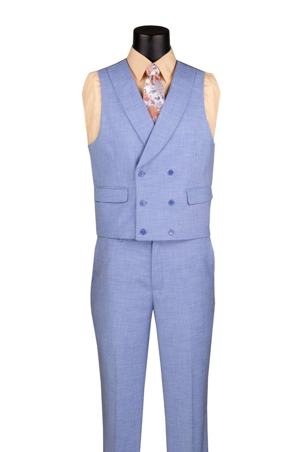 Light Blue Modern Fit 3 Piece Suit with Vest and Adjustable Waist Band Pants