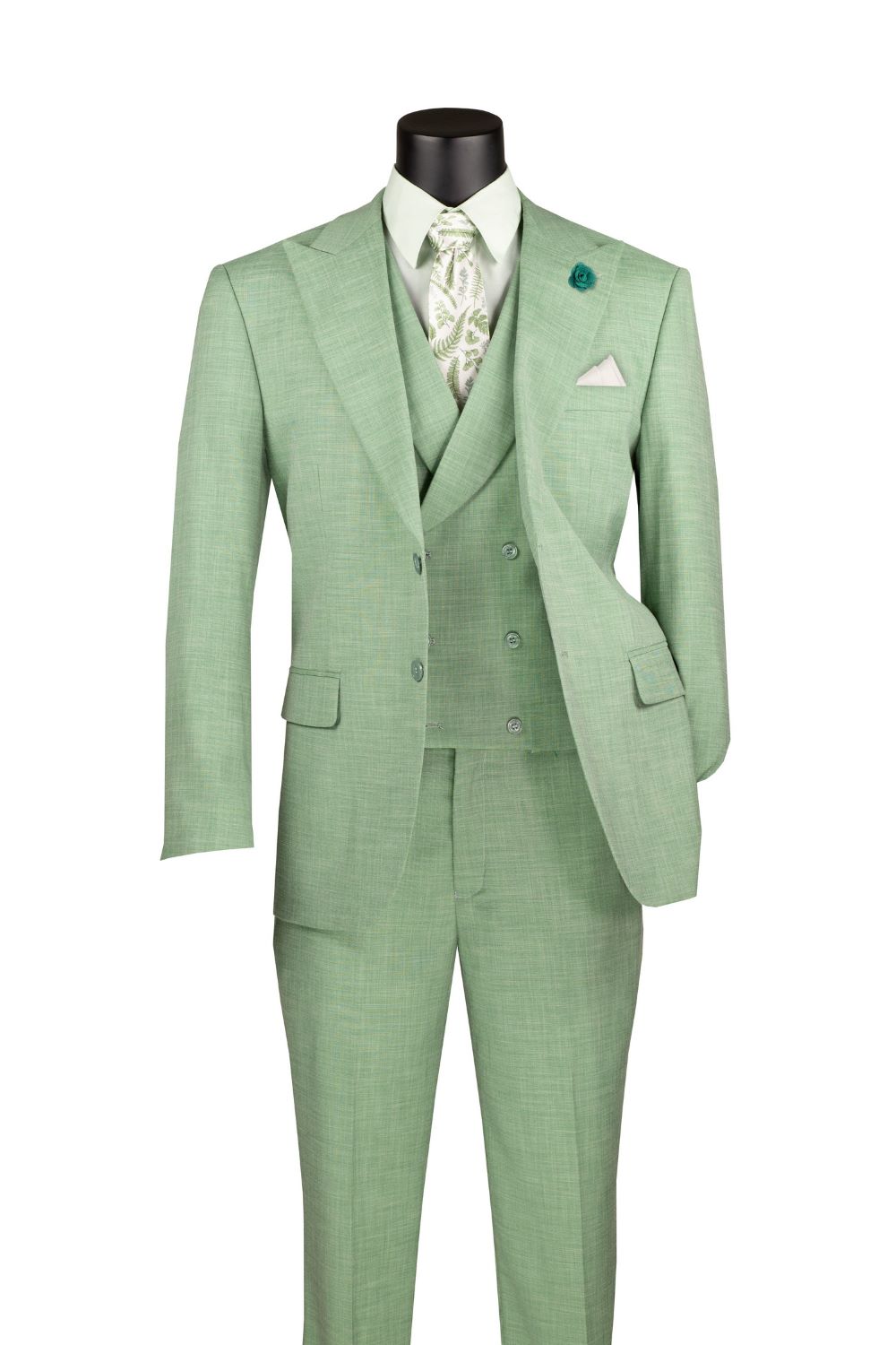 Light Green Modern Fit 3 Piece Suit with Vest and Adjustable Waist Band Pants
