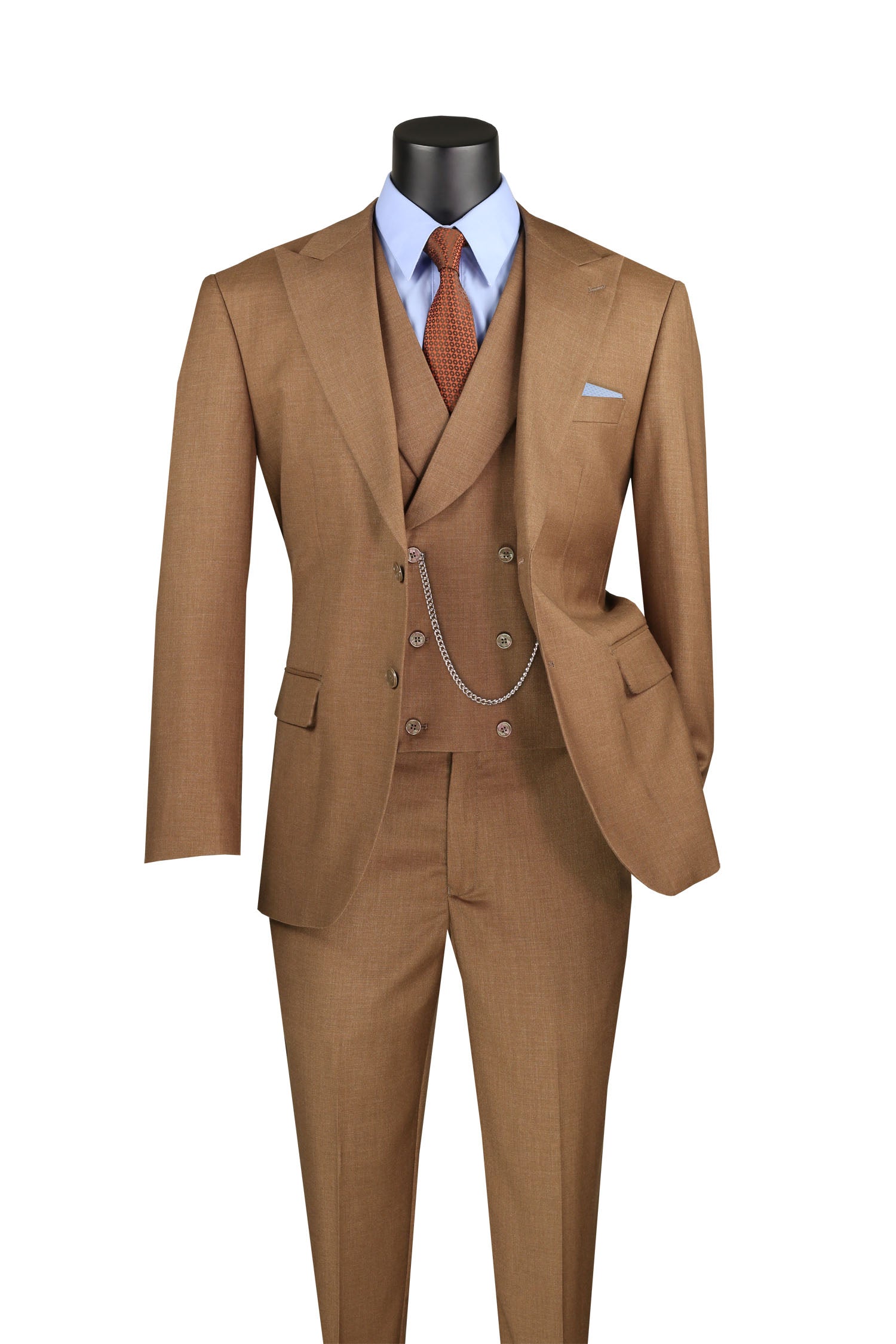 Light Brown Modern Fit 3 Piece Suit with Vest and Adjustable Waist Band Pants