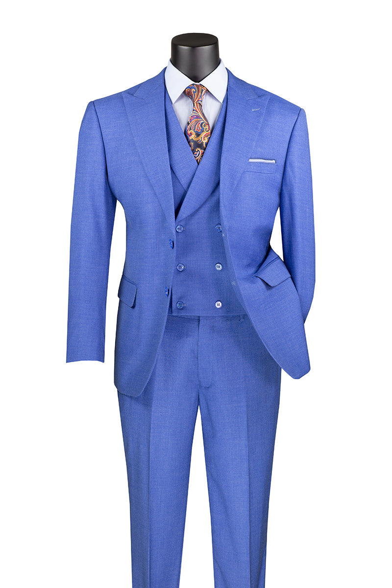 French Blue Modern Fit 3 Piece Suit with Vest and Adjustable Waist Ban ...