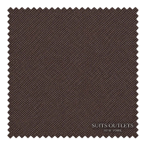 A square fabric swatch with zigzag-cut edges in a dark brown woven texture, featuring the text 'SUITS OUTLETS NEW YORK' in the lower right corner on a white background.