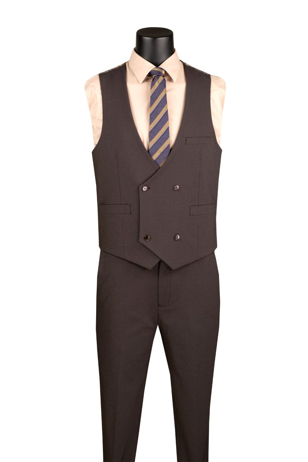 Costume 3 pièces marron clair coupe moderne avec gilet et pantalon à taille réglable