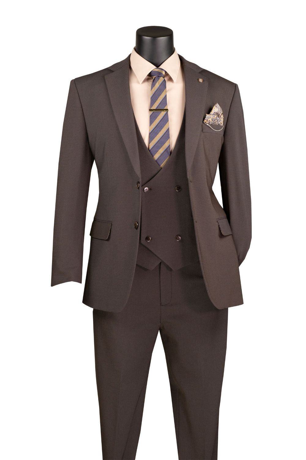 Modern Fit Brown 3 Piece Suit with Vest and Adjustable Waist Band Pants
