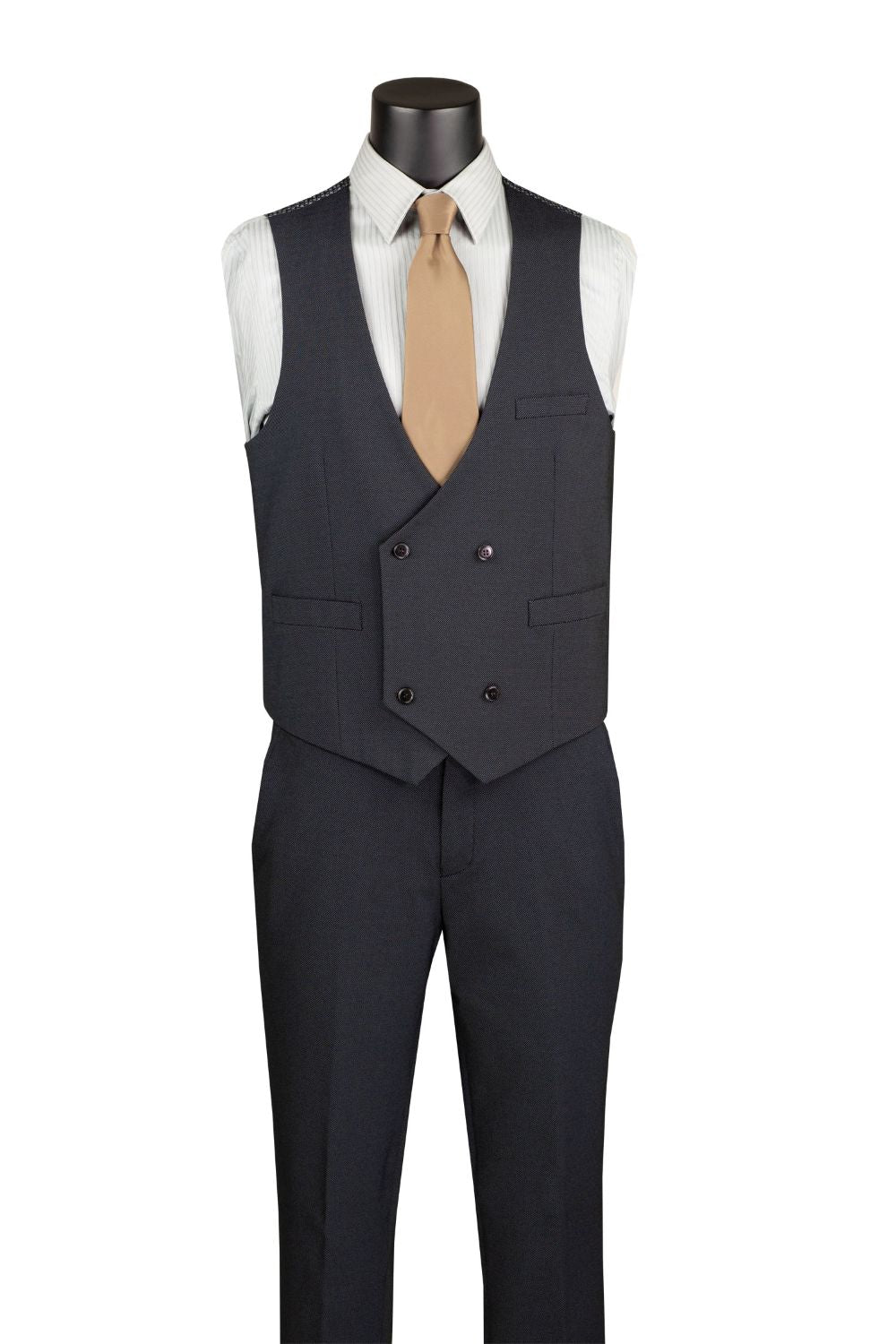 Modern Fit Charcoal Black 3 Piece Suit with Vest and Adjustable Waistband Pants