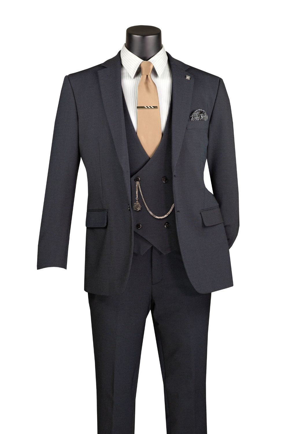 Modern Fit Charcoal Black 3 Piece Suit with Vest and Adjustable Waist Band Pants
