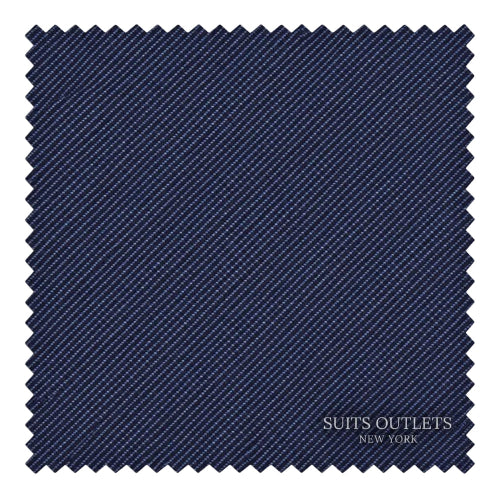 A square fabric swatch with zigzag-cut edges in dark navy blue, showing a subtle diagonal twill texture. The text 'SUITS OUTLETS NEW YORK' is printed in white near the bottom right corner.