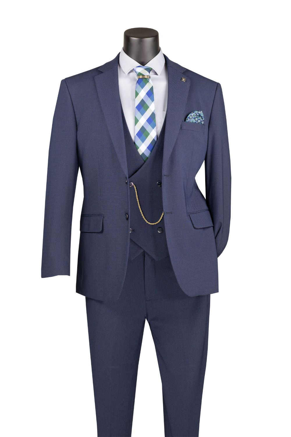 Modern Fit Navy 3 Piece Suit with Vest and Adjustable Waist Band Pants
