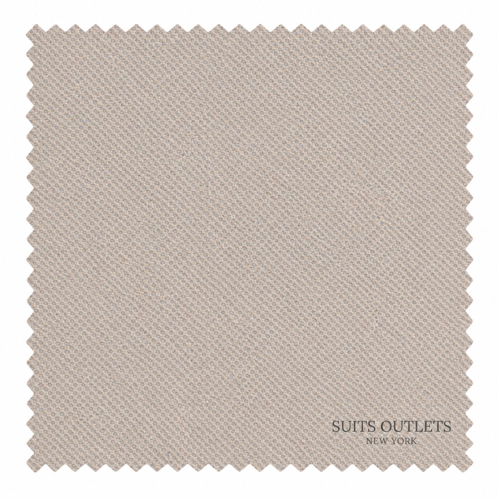 A square fabric swatch with serrated edges in a light warm gray-beige tone, showing a fine woven texture. The text 'SUITS OUTLETS NEW YORK' appears in the lower right corner.