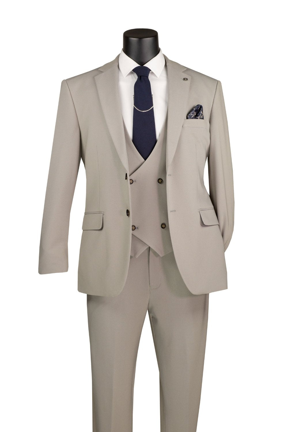 Modern Fit Tan 3 Piece Suit with Vest and Adjustable Waist Band Pants
