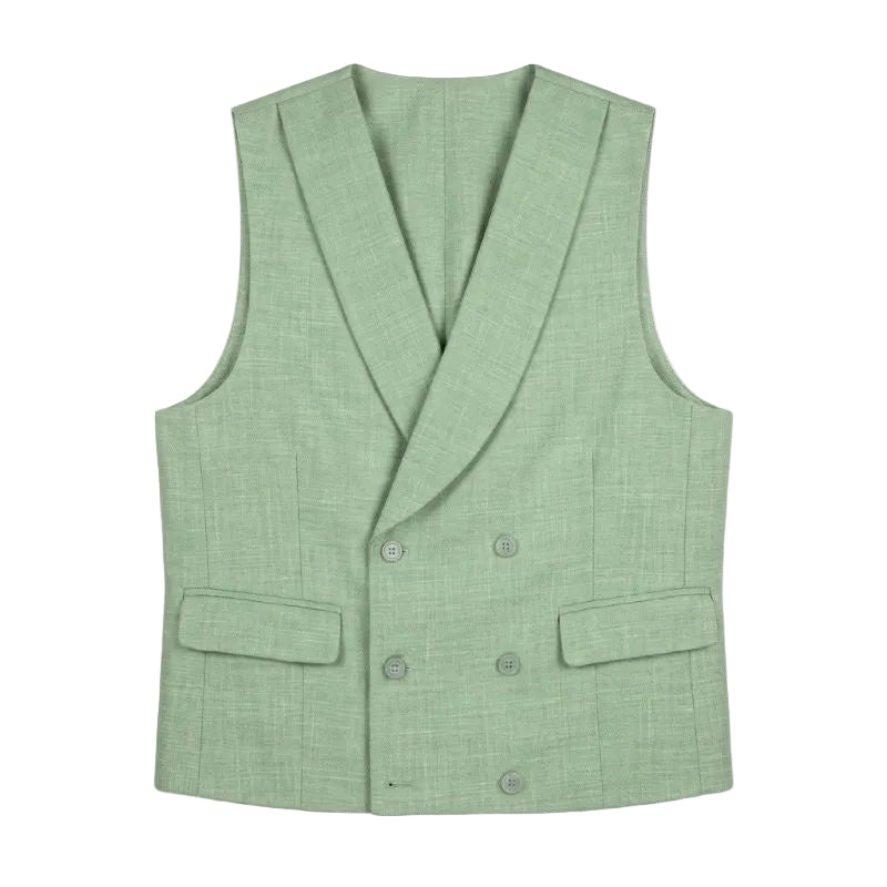 A light green textured double-breasted vest with lapels, six buttons, and flap pockets neatly laid flat shown on a plain white background.