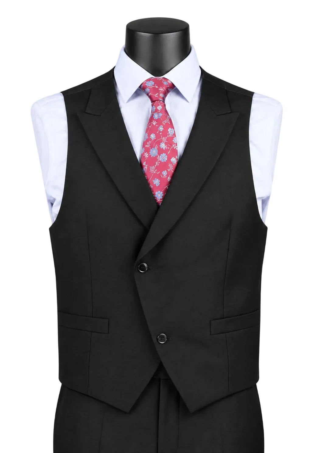 A black double-breasted waistcoat displayed on a mannequin torso, styled with a white dress shirt and a pink patterned tie against a light gray background.