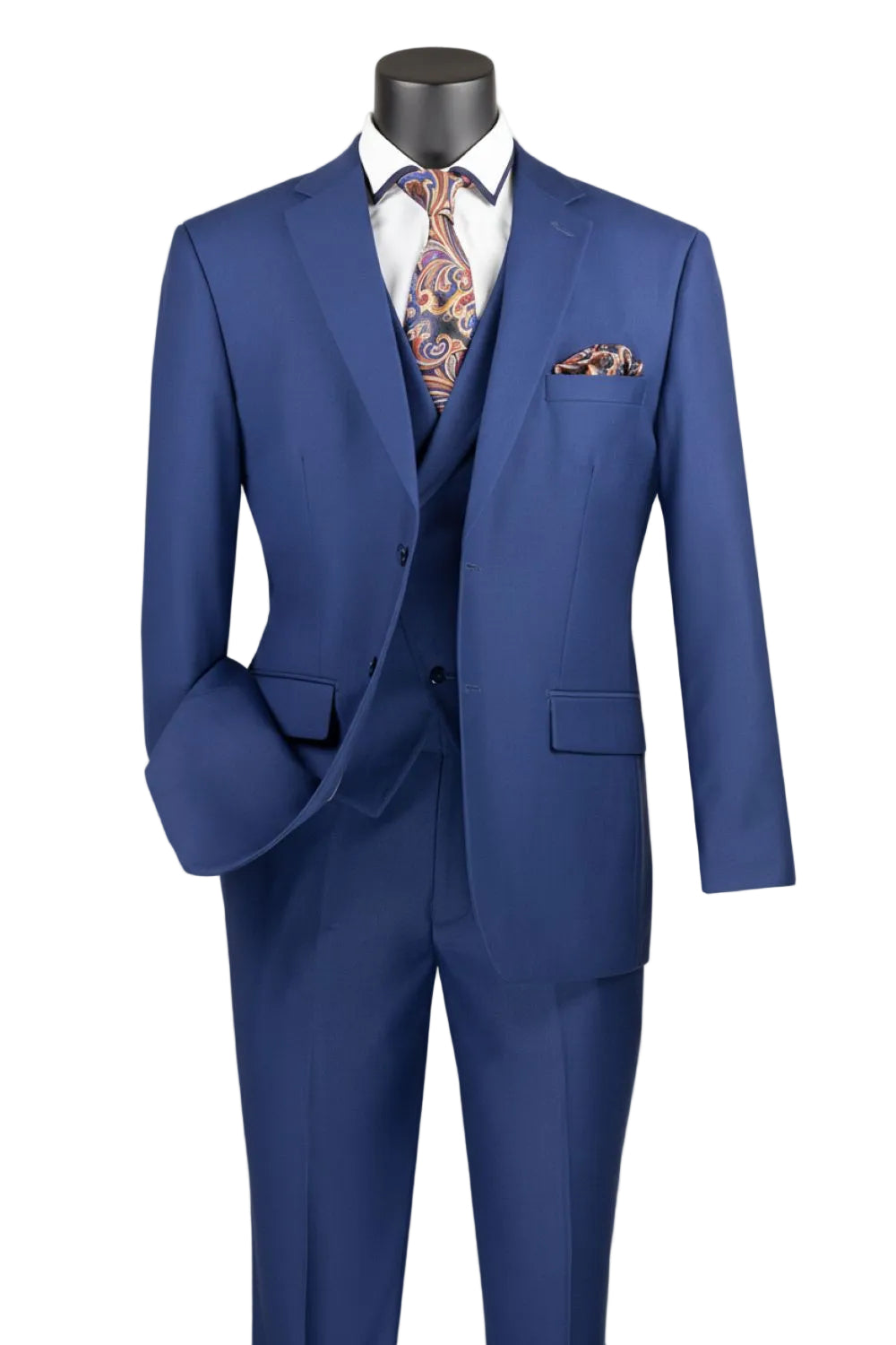 Blue Modern Fit 3 Piece Suit with Vest and Adjustable Waistband Pants