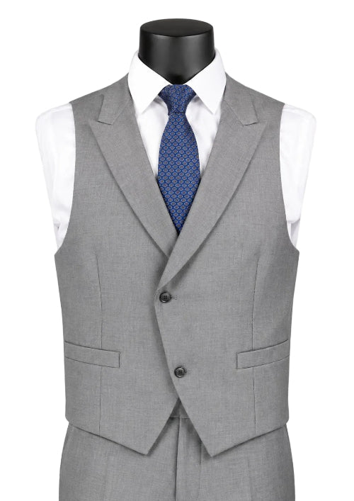 A light gray two-button suit vest displayed on a black mannequin torso, styled with a white dress shirt and a blue patterned tie against a light gray background.