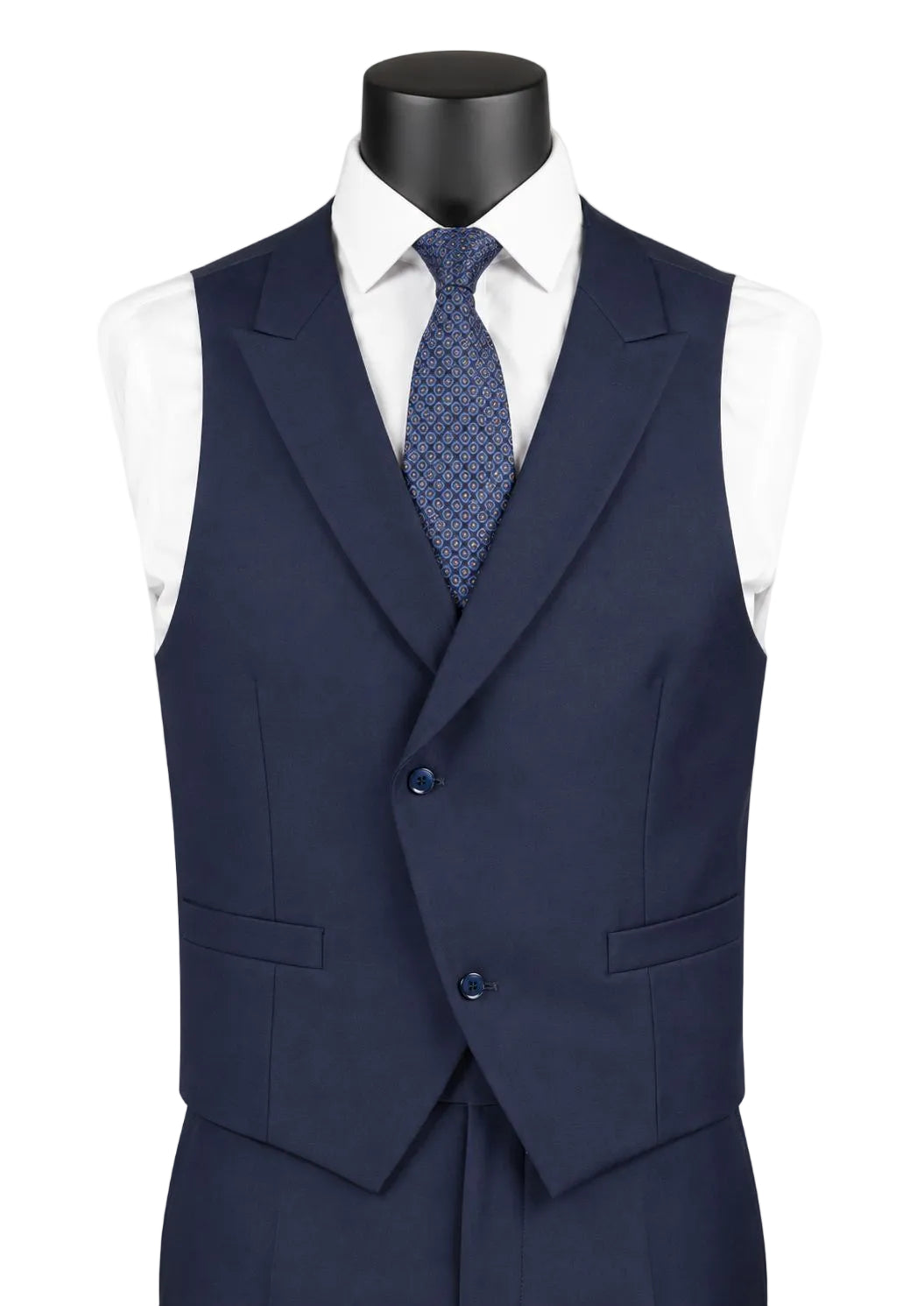 Gilet bleu marine à revers d'un costume moderne trois-pièces pour homme, vue de face