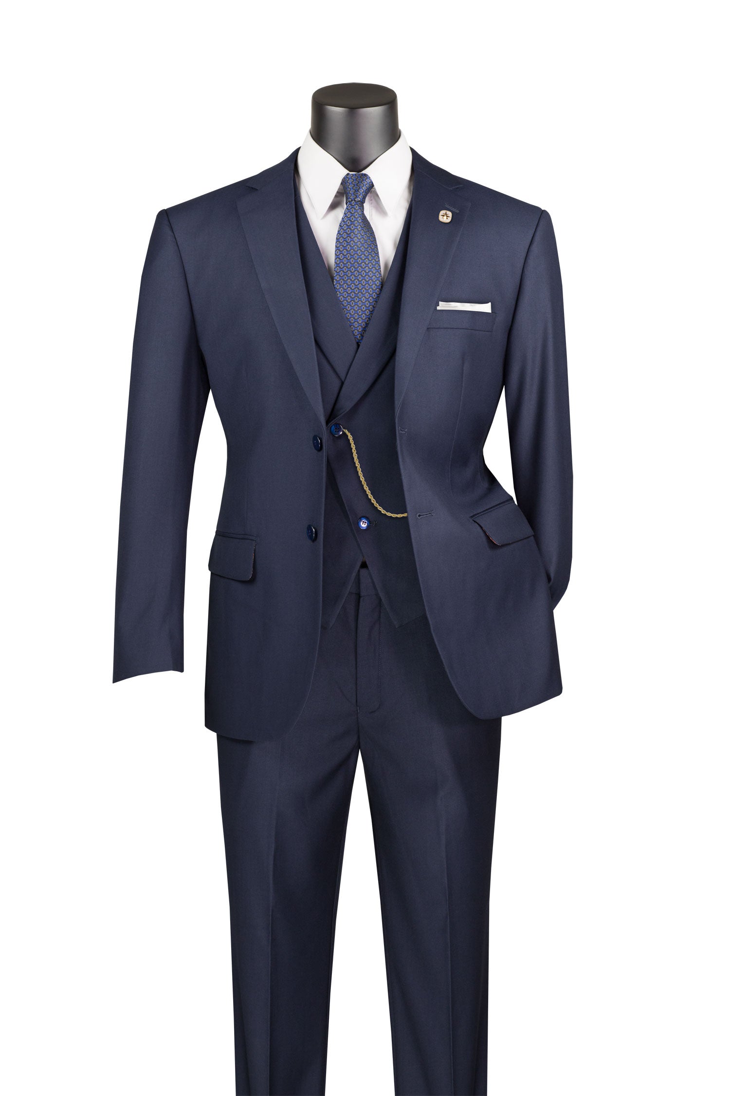 Navy Modern Fit 3 Piece Suit with Vest and Elastic Waist Band Pants