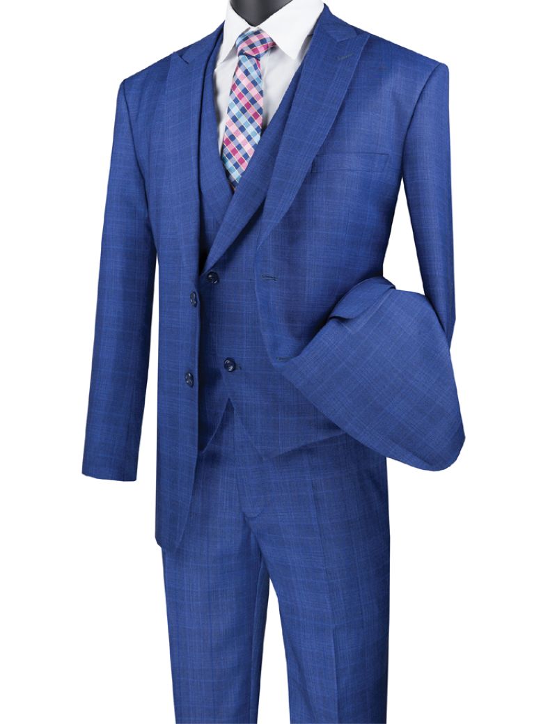 Blue Modern Fit Glen Plaid 2 Button Peak Lapel 3 Piece Suit