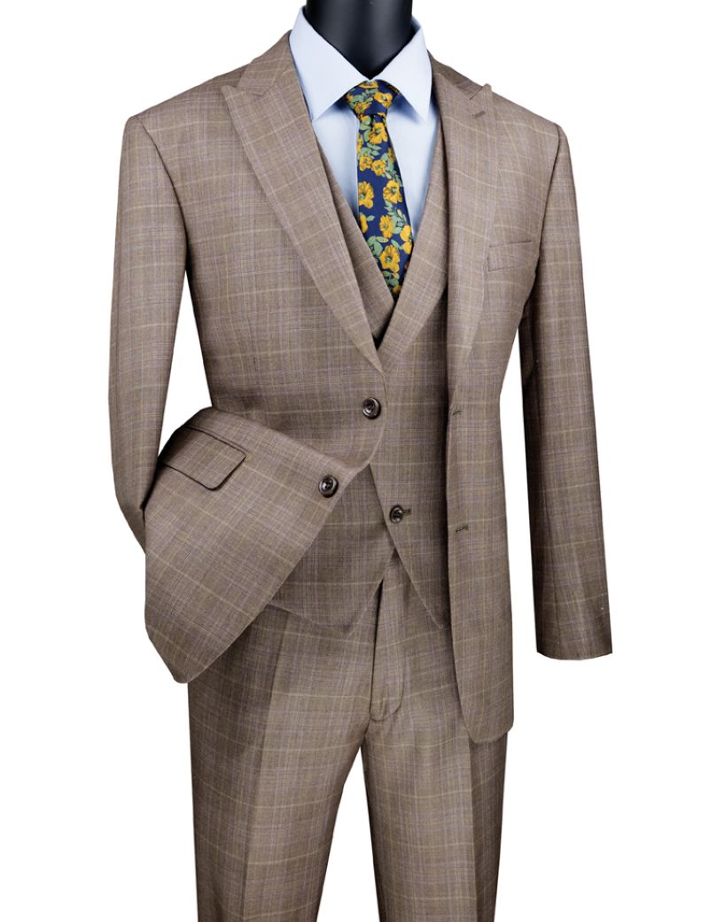 Tan Modern Fit Glen Plaid 2 Button Peak Lapel 3 Piece Suit