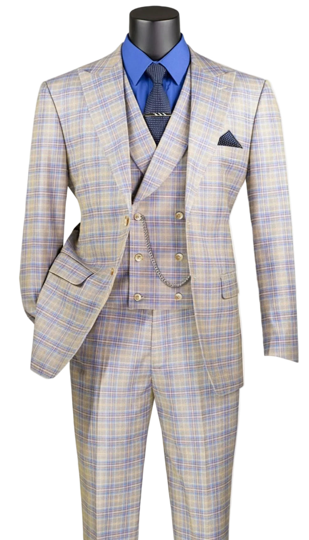 Blue Modern Fit Windowpane Peak Lapel 3 Piece Suit