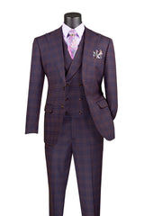 Purple Modern Fit Windowpane Peak Lapel 3 Piece Suit