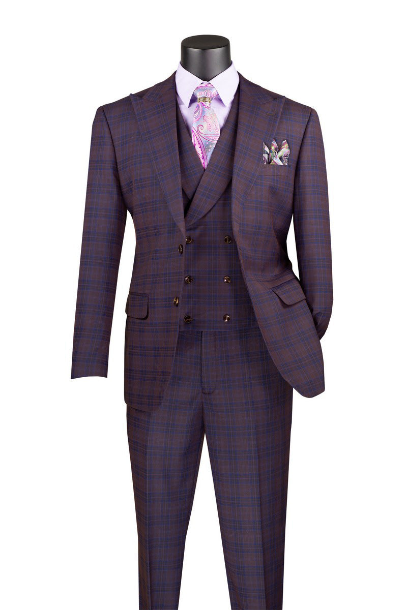 Purple Modern Fit Windowpane Peak Lapel 3 Piece Suit