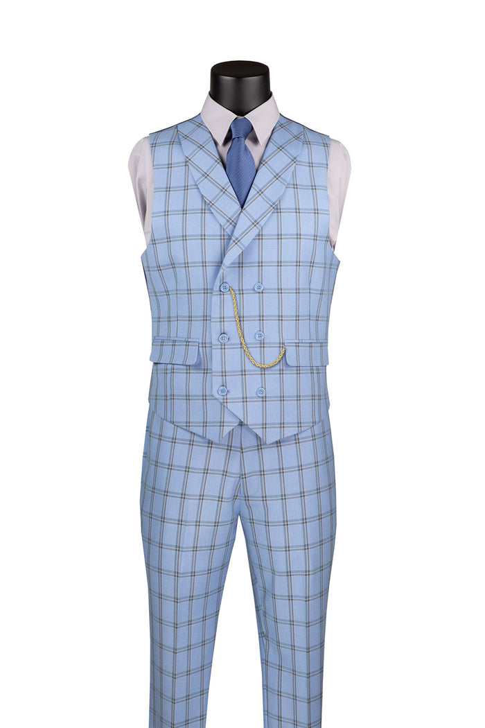 Men's Modern Fit Peak Lapel Contrasting Vest Suit in Light Blue Windowpane Plaid