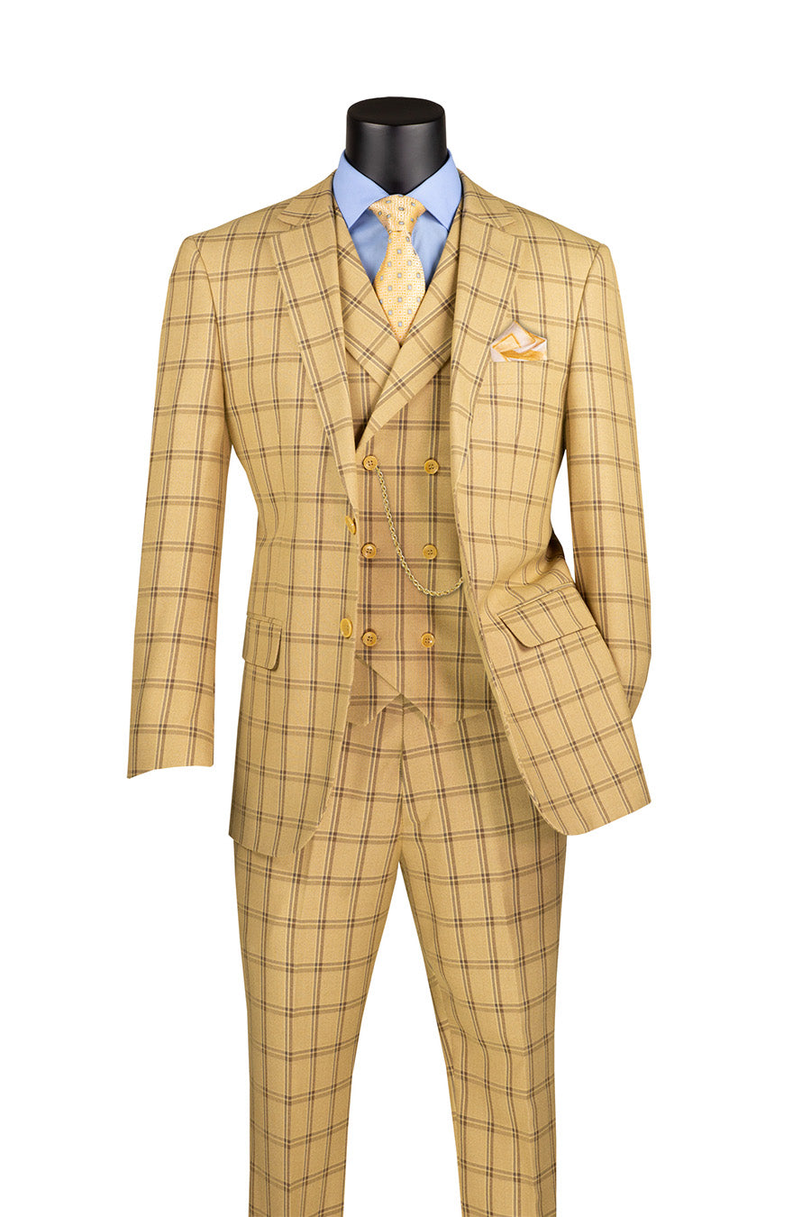 Lazio Collection - Modern Fit Windowpane Suit 3 Piece in Tan