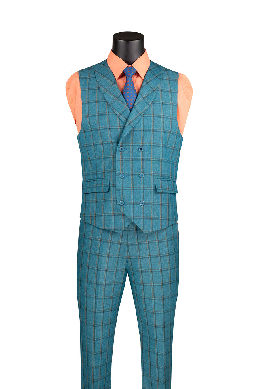 Lazio Collection - Modern Fit Windowpane Suit 3 Piece in Teal Blue