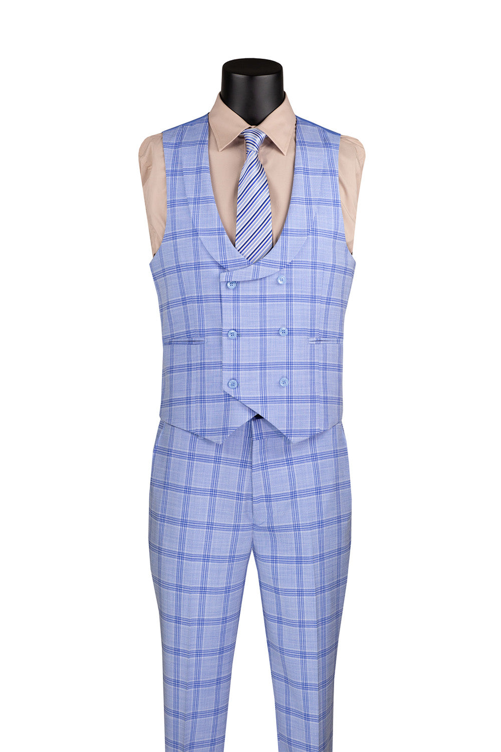 Modern Fit Windowpane Suit 3 Piece with U-Neck Vest in Light Blue