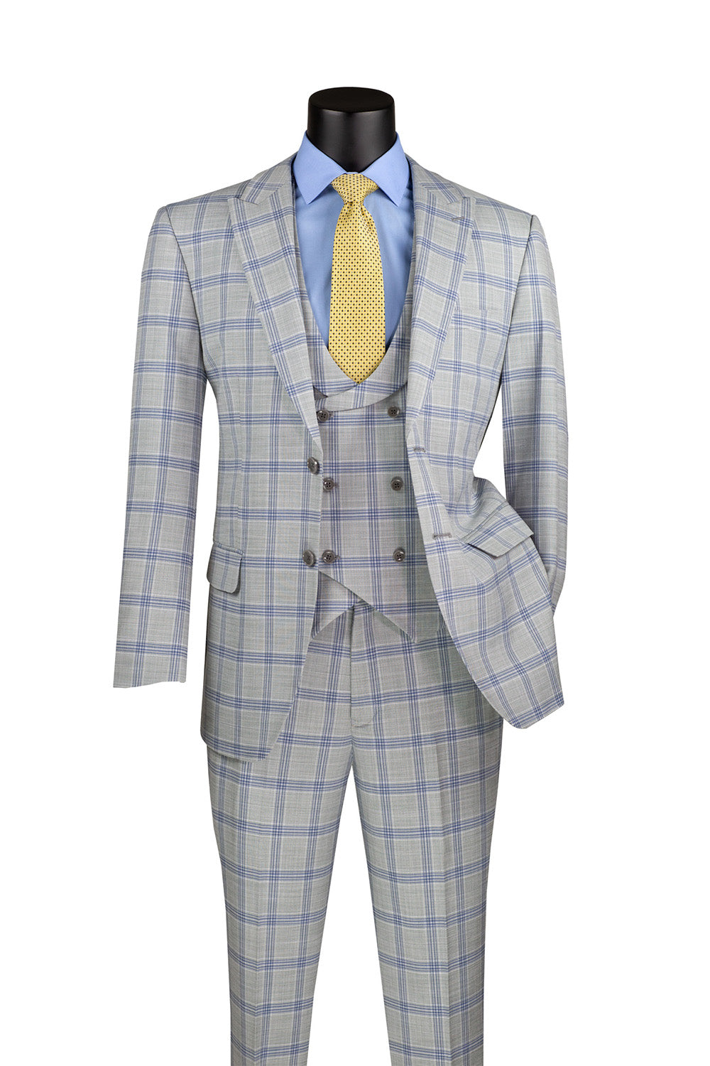 Modern Fit Windowpane Suit 3 Piece with U-Neck Vest in Light Gray