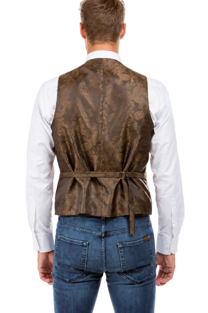 A brown waistcoat vest with a paisley pattern, featuring a tie belt with a small gold buckle at the back, shown against a plain white background.