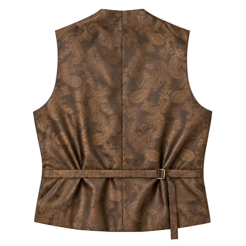 A brown waistcoat vest with a paisley pattern, featuring a tie belt with a small gold buckle at the back, shown against a plain white background.